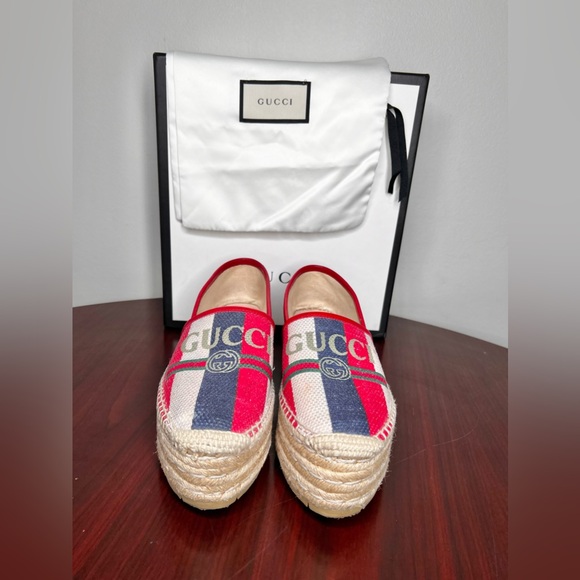 Gucci Sylvie Stripe Logo Platform Espadrilles Size 37.5 - Picture 4 of 9